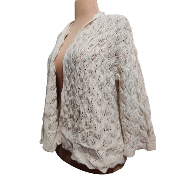 JM Collection XL Petite Sweater Cream Metallic Open Knit Cardigan 3/4 Sleeve - Picture 14 of 14